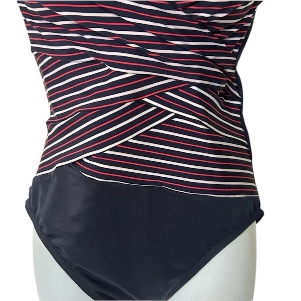 Miraclesuit Layered Escape one piece swimsuit navy red white stripe slimming 12 - Picture 6 of 12